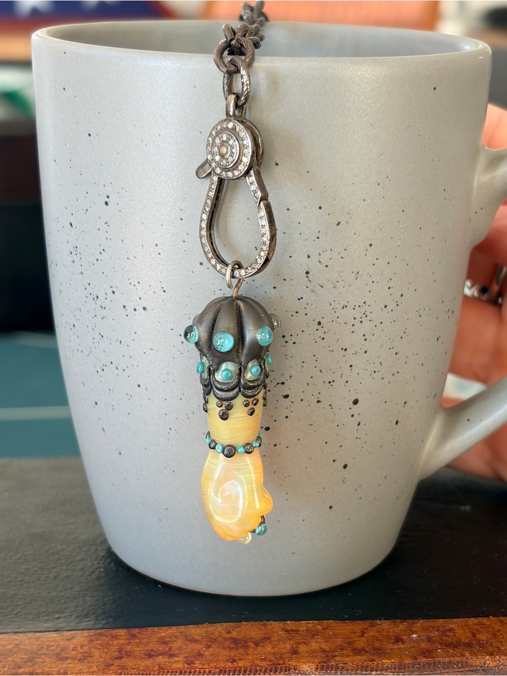 Handcrafted Amber and Turquoise Glass Mano Fico Pendant Necklace